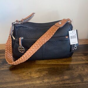 Bueno Black Tan Hobo Leather Shoulder Handbag Purse NWT